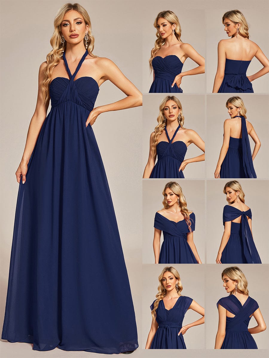 Custom Size Convertible Chiffon Pleated A-Line Bridesmaid Dress #color_Navy Blue