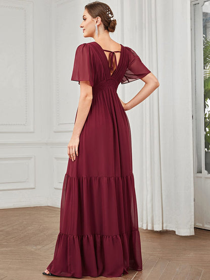 Chiffon Short Sleeve V-Neck Vintage Prairie Floor-Length Bridesmaid Dress #Color_Burgundy