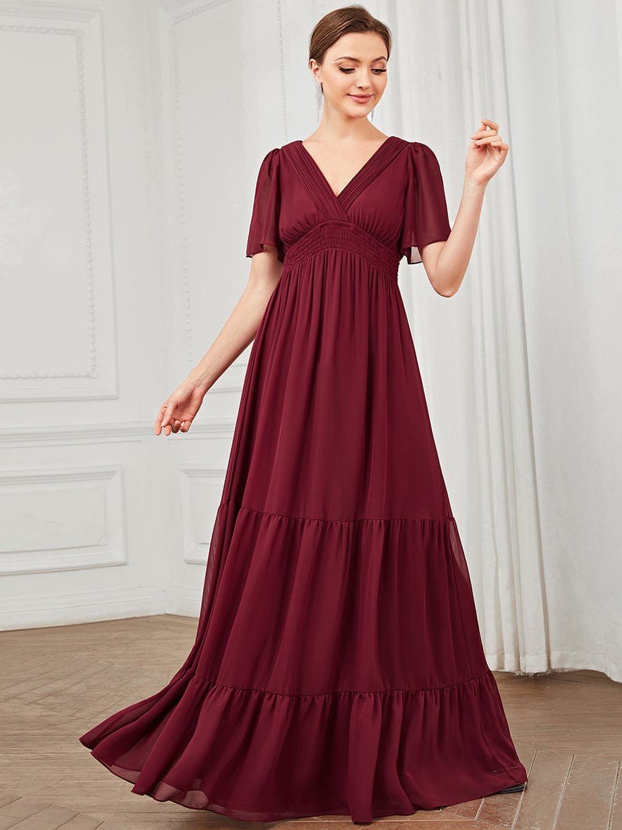 Chiffon Short Sleeve V-Neck Vintage Prairie Floor-Length Bridesmaid Dress #Color_Burgundy