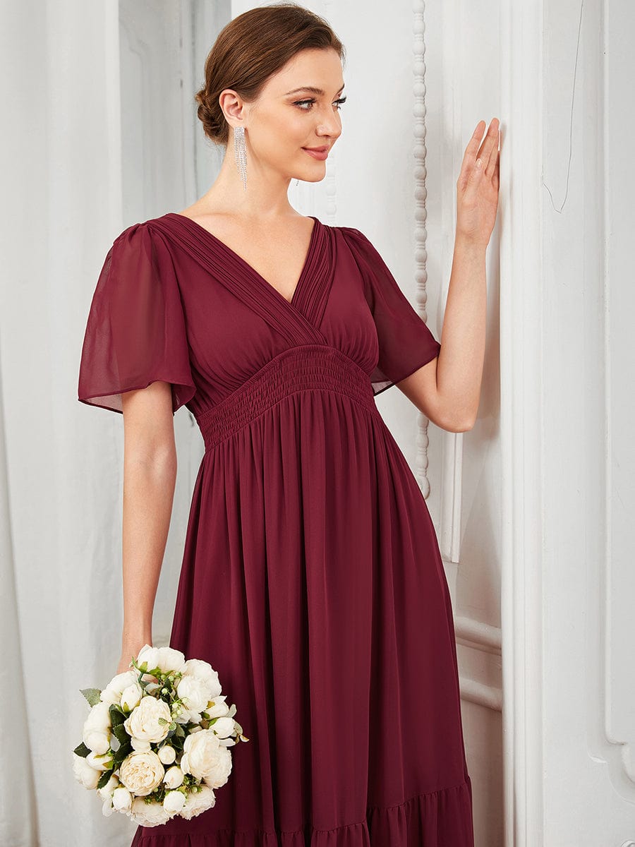 Chiffon Short Sleeve V-Neck Vintage Prairie Floor-Length Bridesmaid Dress #Color_Burgundy