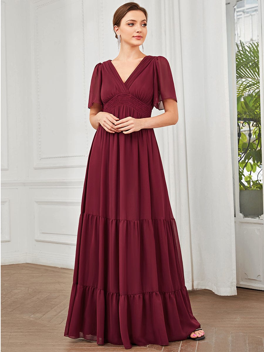 Chiffon Short Sleeve V-Neck Vintage Prairie Floor-Length Bridesmaid Dress #Color_Burgundy