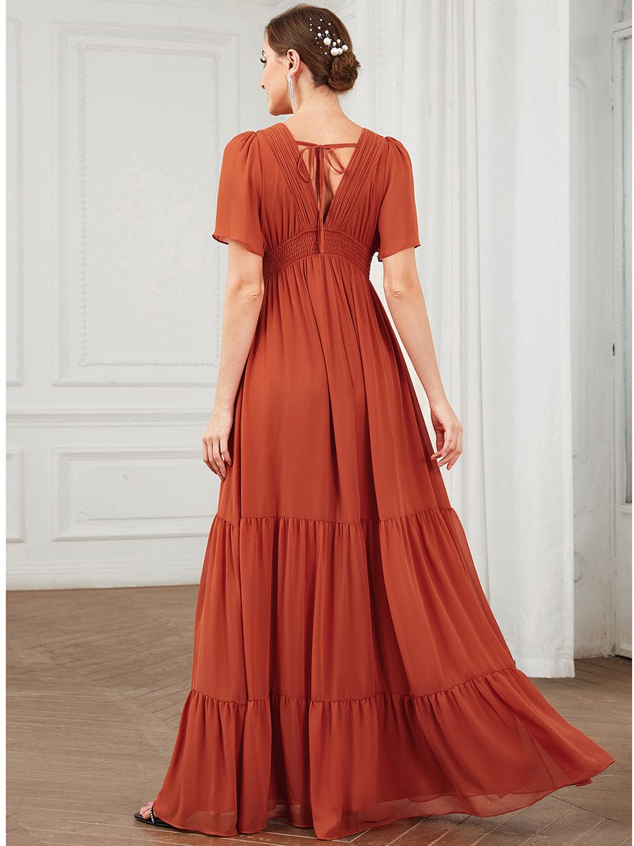 Chiffon Short Sleeve V-Neck Vintage Prairie Floor-Length Bridesmaid Dress #Color_Burnt Orange