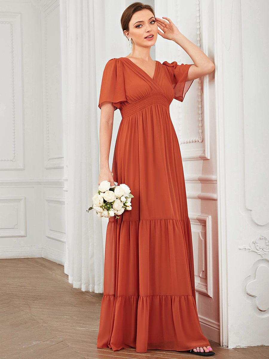 Chiffon Short Sleeve V-Neck Vintage Prairie Floor-Length Bridesmaid Dress #Color_Burnt Orange