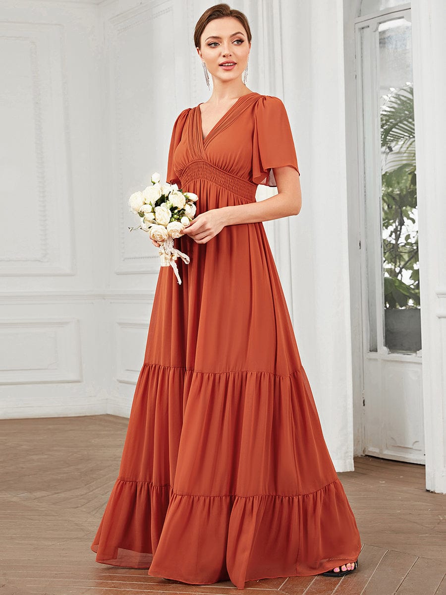 Chiffon Short Sleeve V-Neck Vintage Prairie Floor-Length Bridesmaid Dress #Color_Burnt Orange