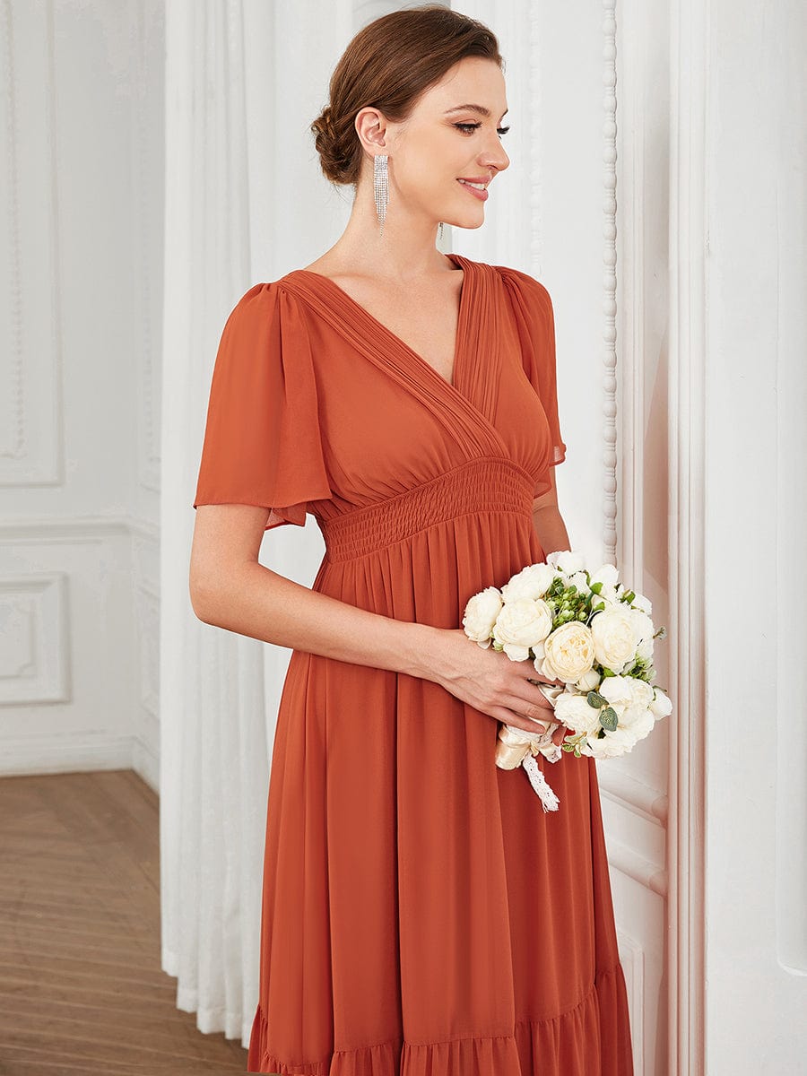 Chiffon Short Sleeve V-Neck Vintage Prairie Floor-Length Bridesmaid Dress #Color_Burnt Orange