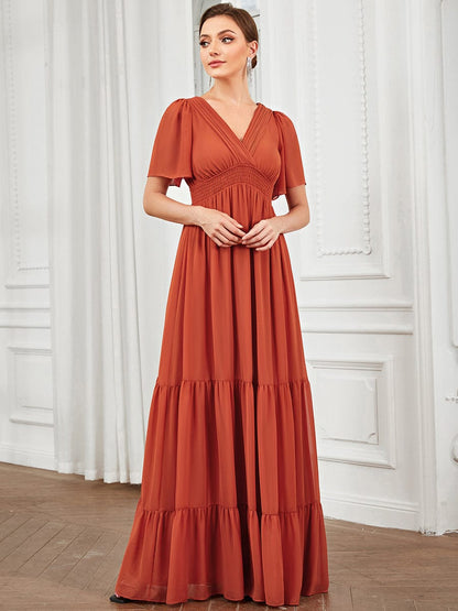 Chiffon Short Sleeve V-Neck Vintage Prairie Floor-Length Bridesmaid Dress #Color_Burnt Orange