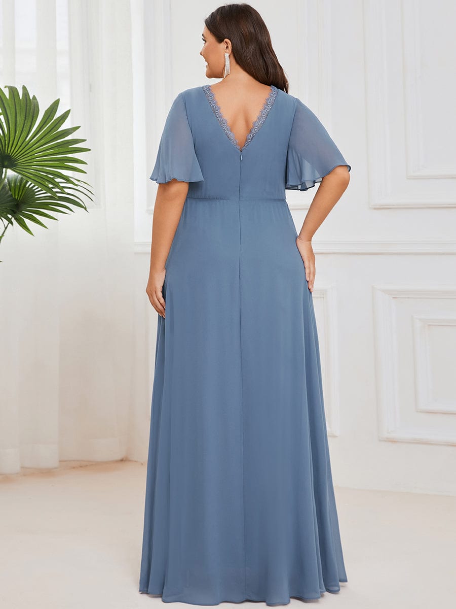 Lace A-Line Short Sleeve Chiffon Bridesmaid Dress #color_Dusty Navy