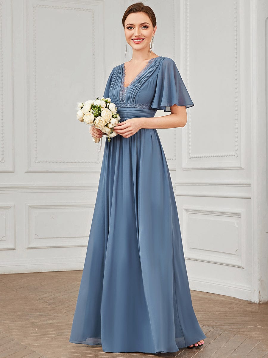 Lace A-Line Short Sleeve Chiffon Bridesmaid Dress #color_Dusty Navy