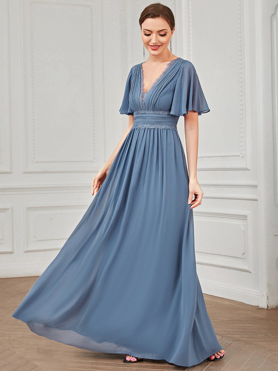 Lace A-Line Short Sleeve Chiffon Bridesmaid Dress #color_Dusty Navy