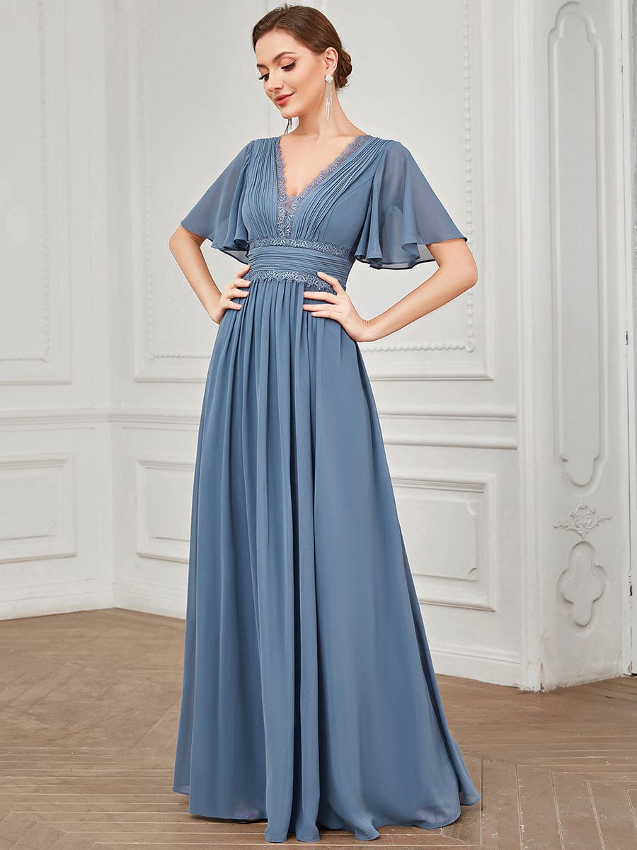 Lace A-Line Short Sleeve Chiffon Bridesmaid Dress #color_Dusty Navy