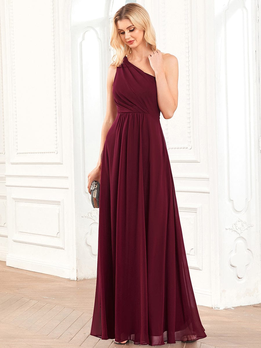 Asymmetrical Sleeve A-Line Pleated Chiffon Bridesmaid Dress #color_Burgundy