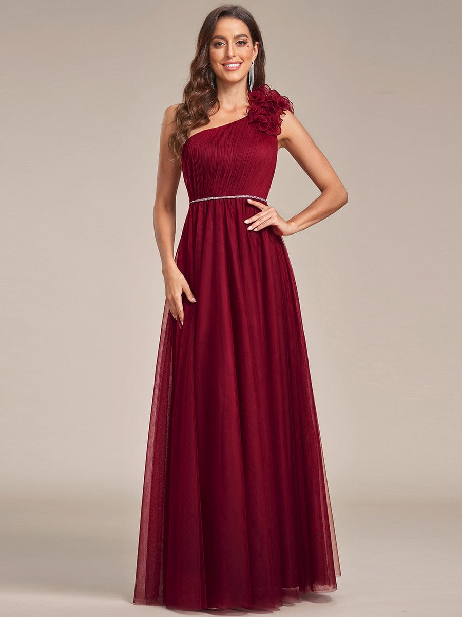 Ruffled Asymmetrical Single Strap Sequin Waist Tulle Bridesmaid Dress