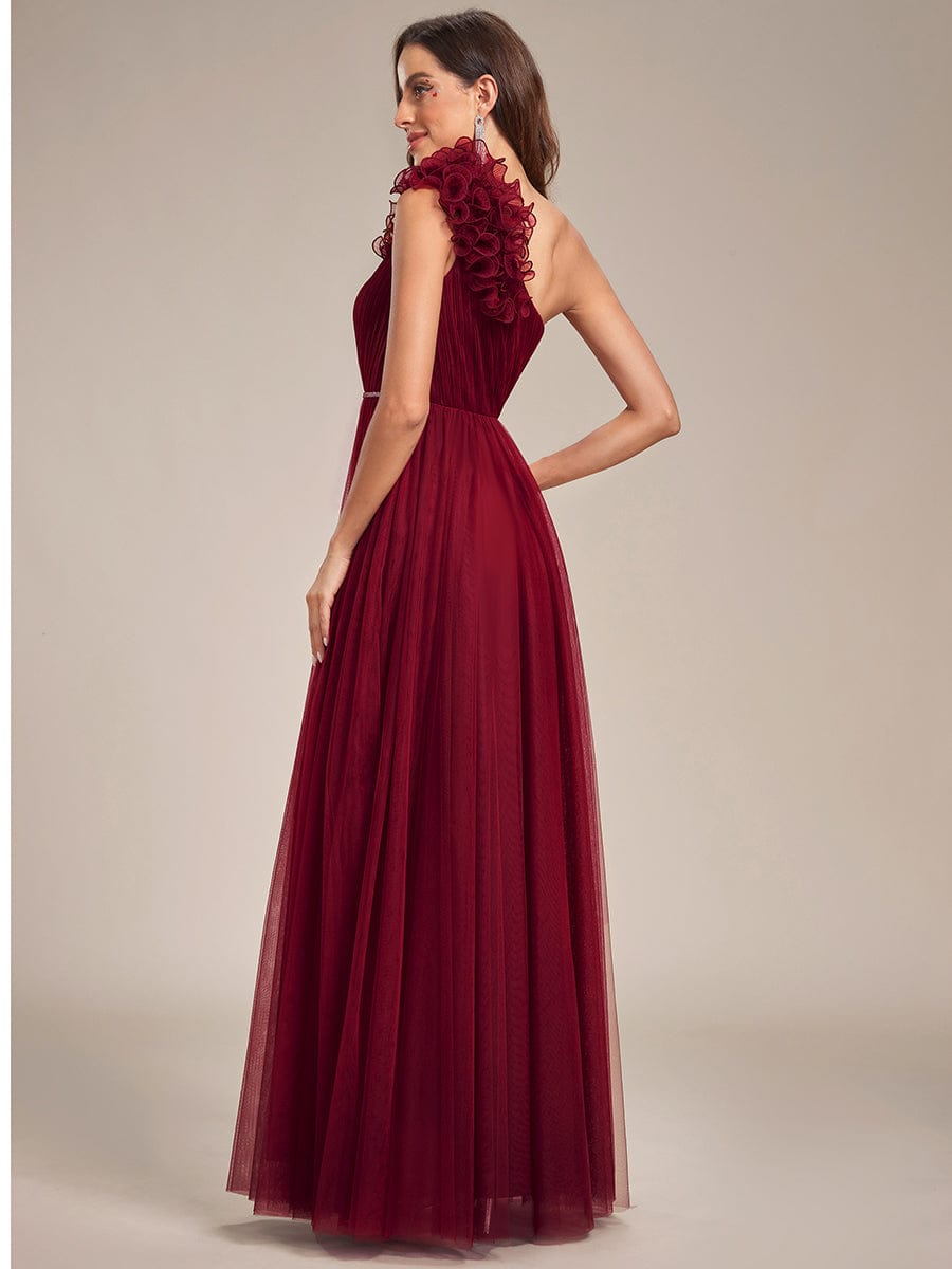 Ruffled Asymmetrical Single Strap Sequin Waist Tulle Bridesmaid Dress #Color_Burgundy