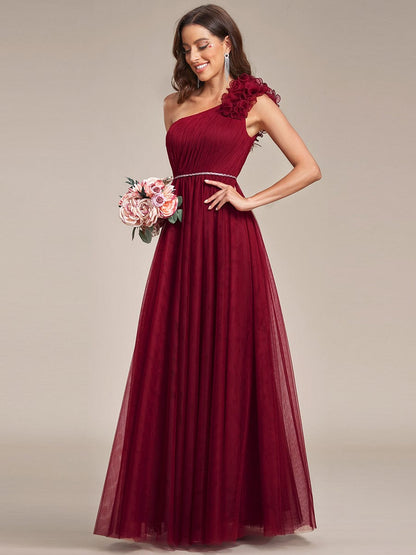 Ruffled Asymmetrical Single Strap Sequin Waist Tulle Bridesmaid Dress #Color_Burgundy