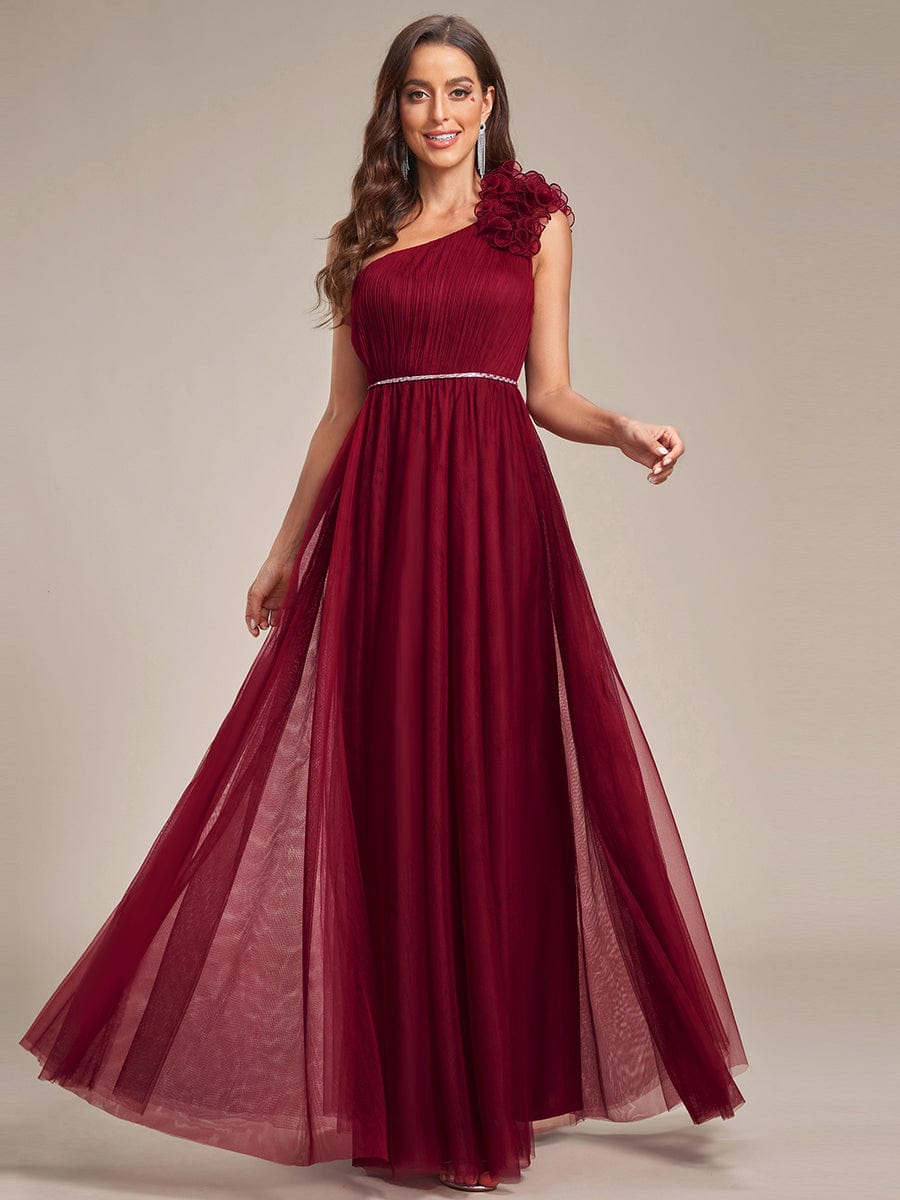 Ruffled Asymmetrical Single Strap Sequin Waist Tulle Bridesmaid Dress #Color_Burgundy