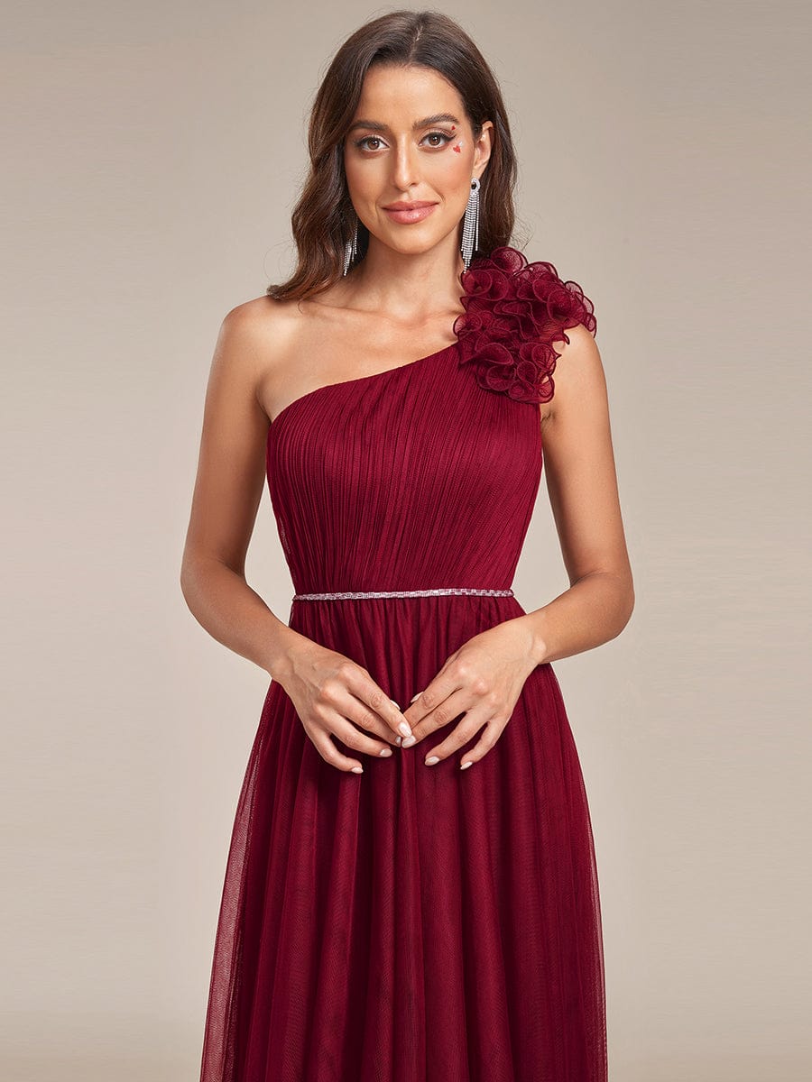 Ruffled Asymmetrical Single Strap Sequin Waist Tulle Bridesmaid Dress #Color_Burgundy