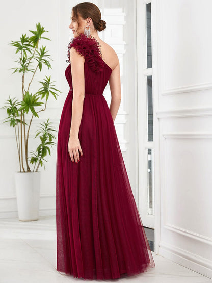 Ruffled Asymmetrical Single Strap Sequin Waist Tulle Bridesmaid Dress #Color_Burgundy