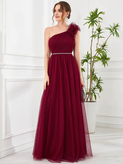 Ruffled Asymmetrical Single Strap Sequin Waist Tulle Bridesmaid Dress #Color_Burgundy