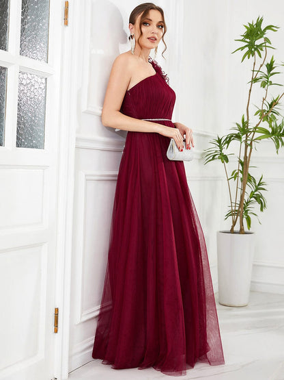 Ruffled Asymmetrical Single Strap Sequin Waist Tulle Bridesmaid Dress #Color_Burgundy