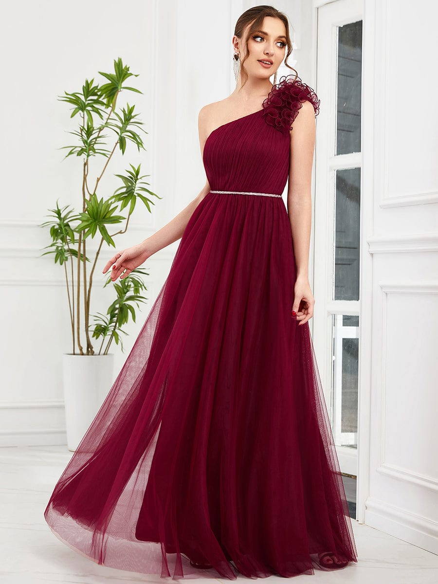 Ruffled Asymmetrical Single Strap Sequin Waist Tulle Bridesmaid Dress #Color_Burgundy