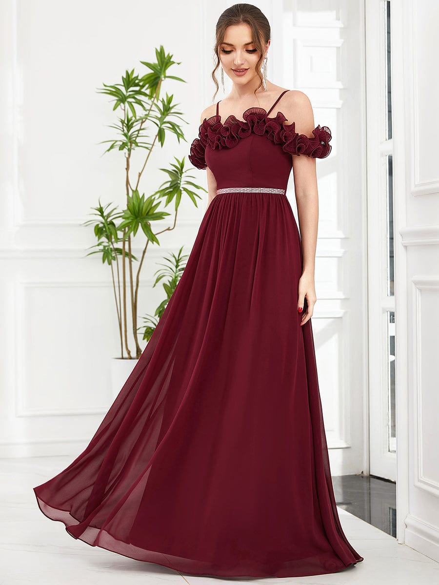 Ruffled Spaghetti Strap Sequin Waist Cold Shoulder Chiffon Bridesmaid Dress #Color_Burgundy