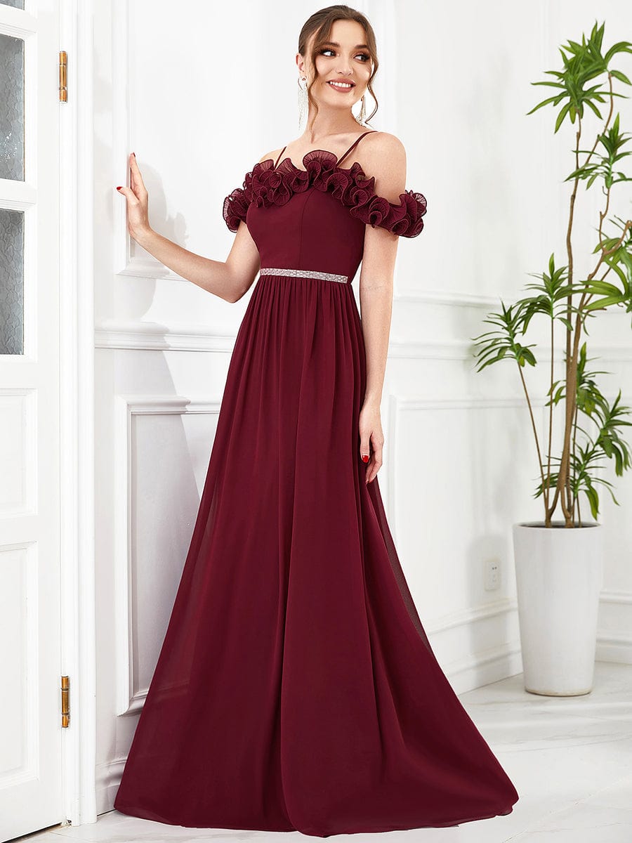 Ruffled Spaghetti Strap Sequin Waist Cold Shoulder Chiffon Bridesmaid Dress #Color_Burgundy