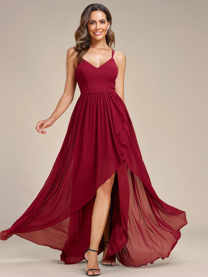 Chiffon Spaghetti Strap Ruffled Front Slit A-Line Bridesmaid Dress #Color_Burgundy