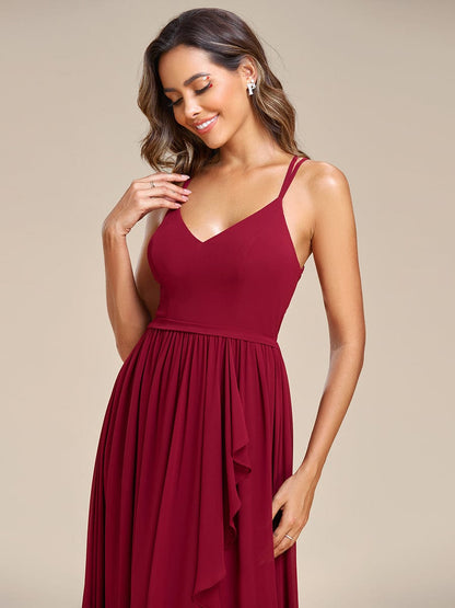 Chiffon Spaghetti Strap Ruffled Front Slit A-Line Bridesmaid Dress #Color_Burgundy