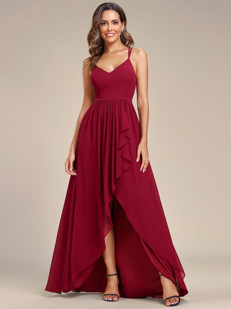 Chiffon Spaghetti Strap Ruffled Front Slit A-Line Bridesmaid Dress #Color_Burgundy