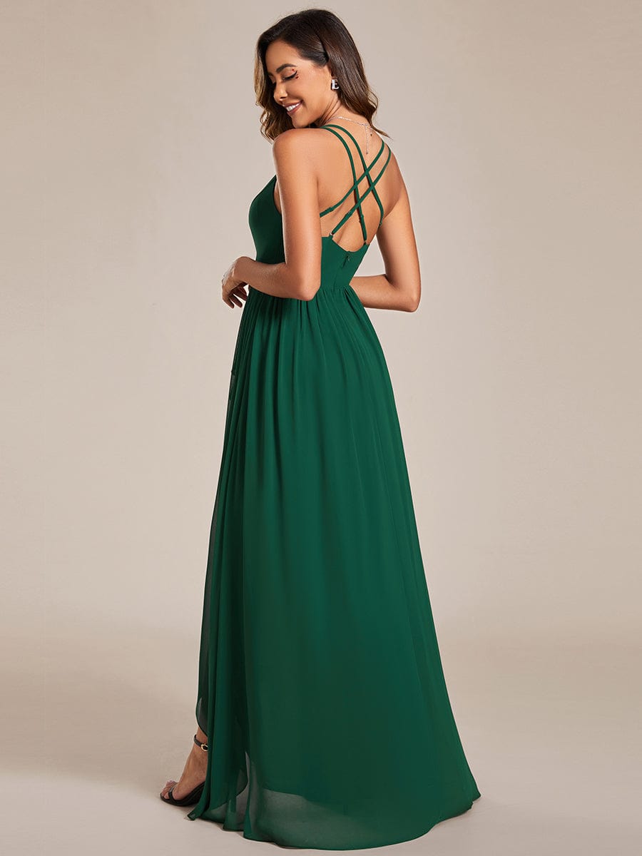 Chiffon Spaghetti Strap Ruffled Front Slit A-Line Bridesmaid Dress #Color_Dark Green