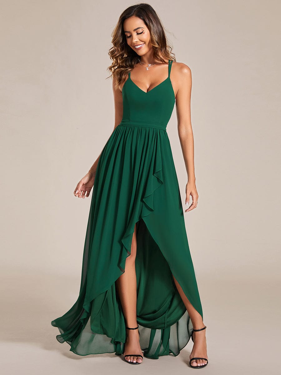 Chiffon Spaghetti Strap Ruffled Front Slit A-Line Bridesmaid Dress #Color_Dark Green