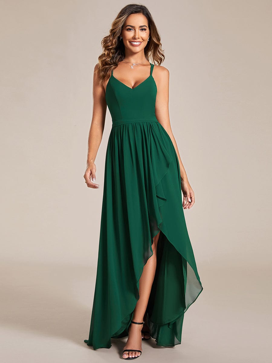 Chiffon Spaghetti Strap Ruffled Front Slit A-Line Bridesmaid Dress #Color_Dark Green