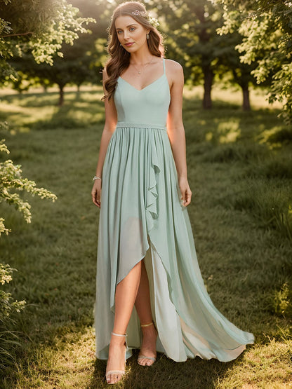 Chiffon Spaghetti Strap Ruffled Front Slit A-Line Bridesmaid Dress #Color_Mint Green