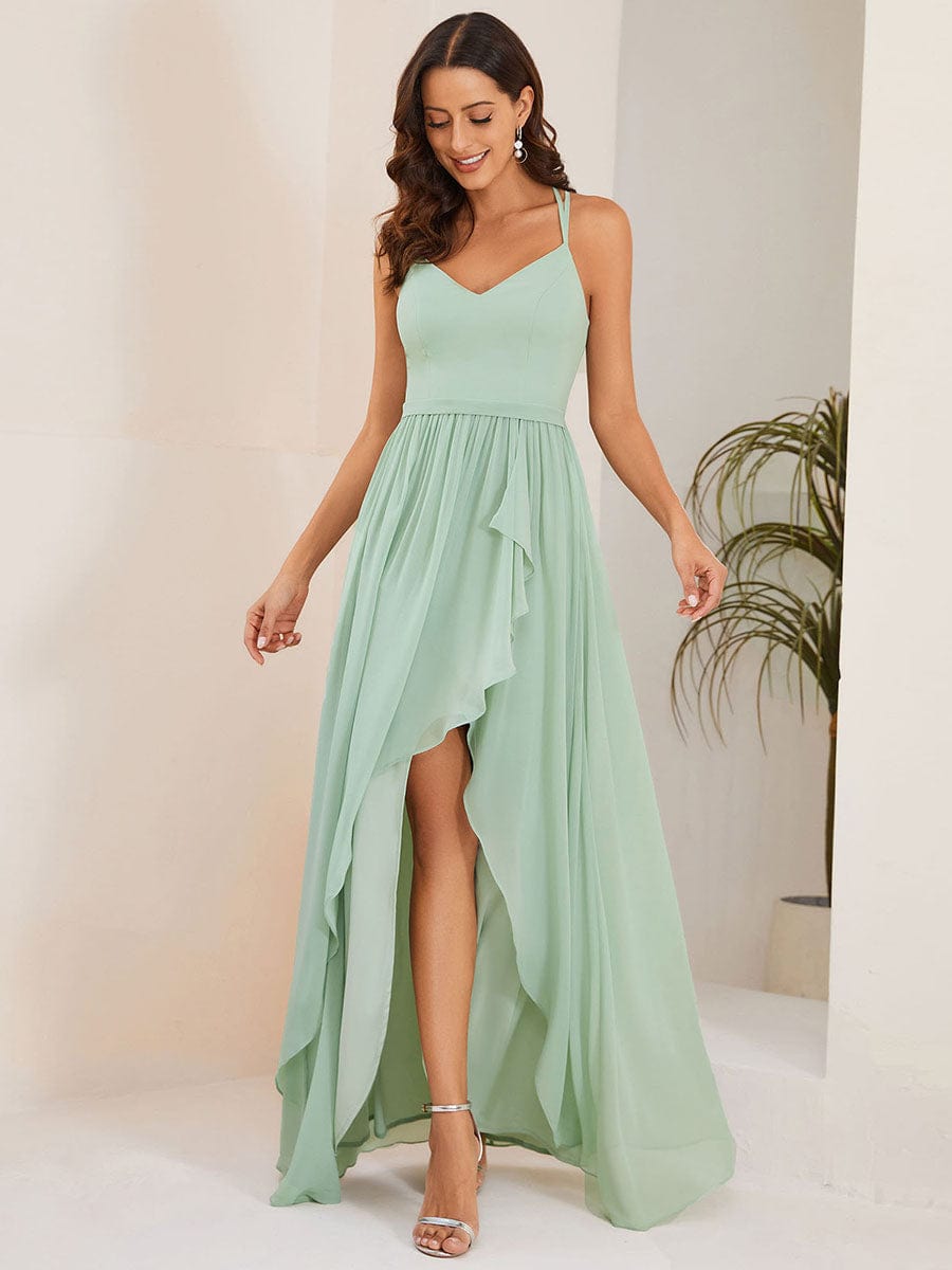 Chiffon Spaghetti Strap Ruffled Front Slit A-Line Bridesmaid Dress #Color_Mint Green