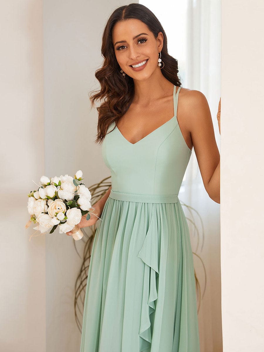 Chiffon Spaghetti Strap Ruffled Front Slit A-Line Bridesmaid Dress #Color_Mint Green