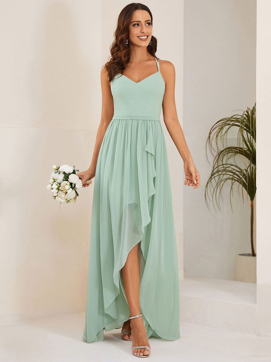 Chiffon Spaghetti Strap Ruffled Front Slit A-Line Bridesmaid Dress #Color_Mint Green