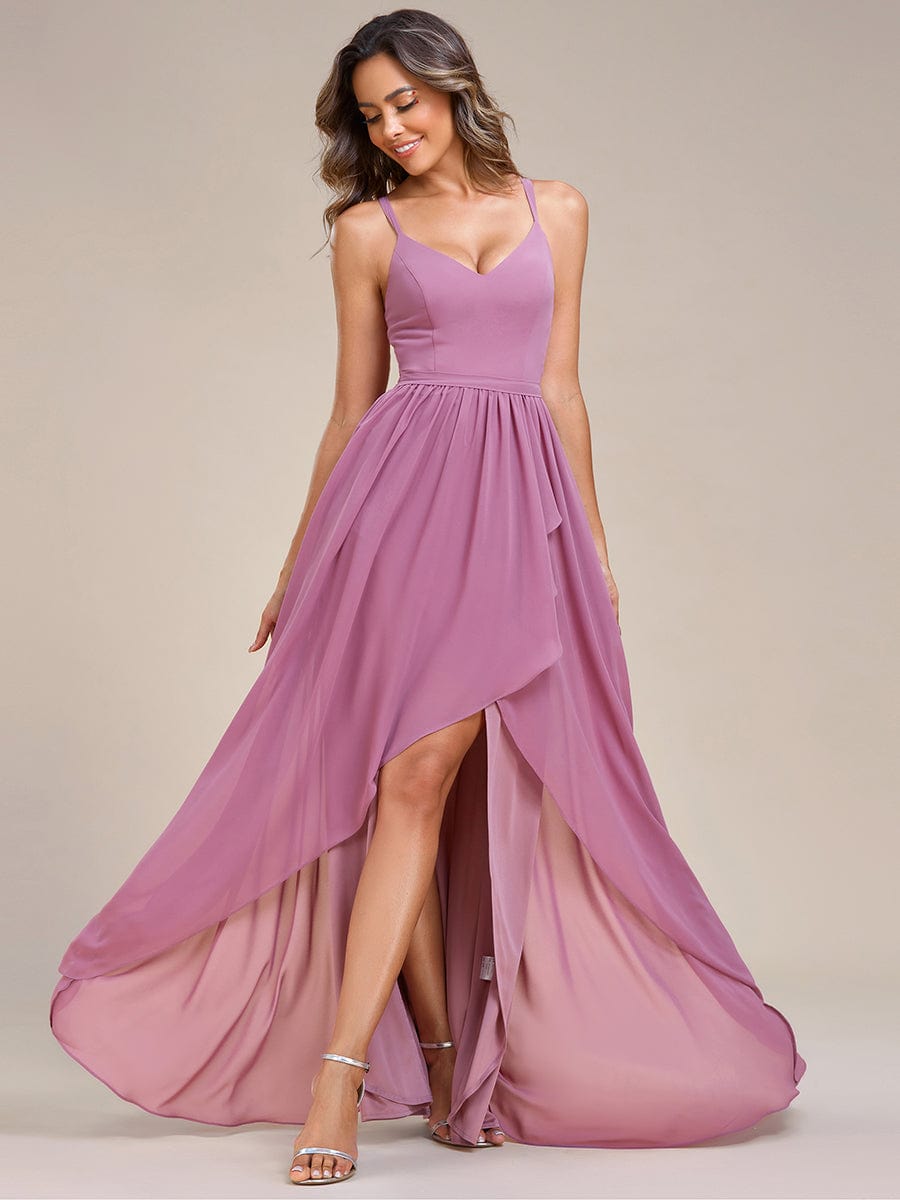 Chiffon Spaghetti Strap Ruffled Front Slit A-Line Bridesmaid Dress #Color_Purple Orchid