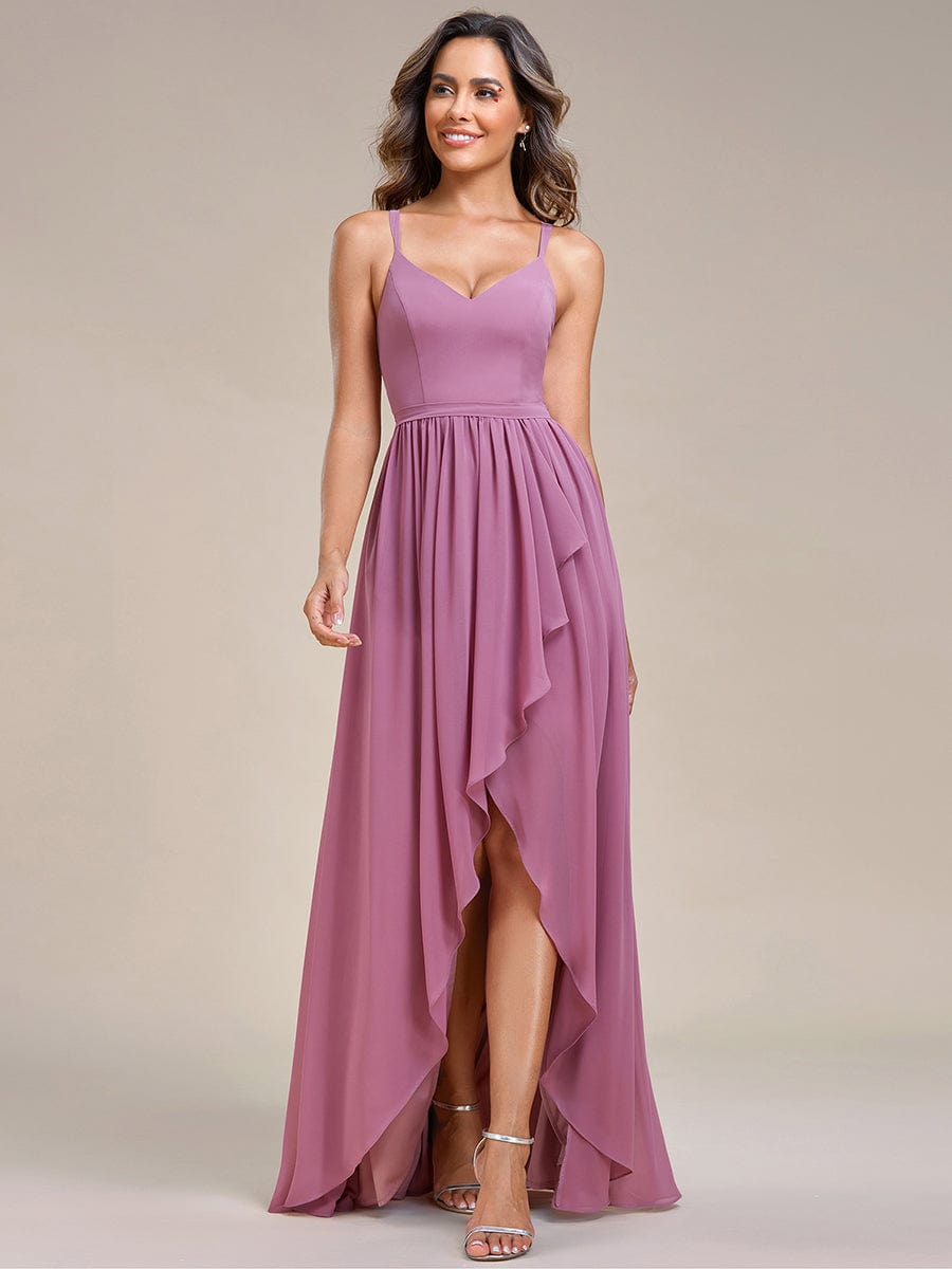 Chiffon Spaghetti Strap Ruffled Front Slit A-Line Bridesmaid Dress #Color_Purple Orchid