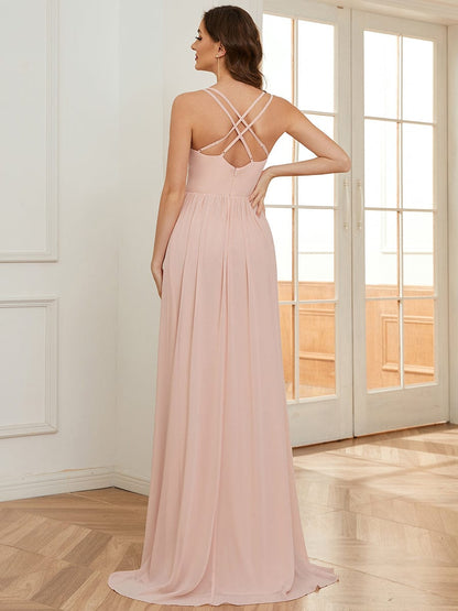 Chiffon Spaghetti Strap Ruffled Front Slit A-Line Bridesmaid Dress #Color_Pink