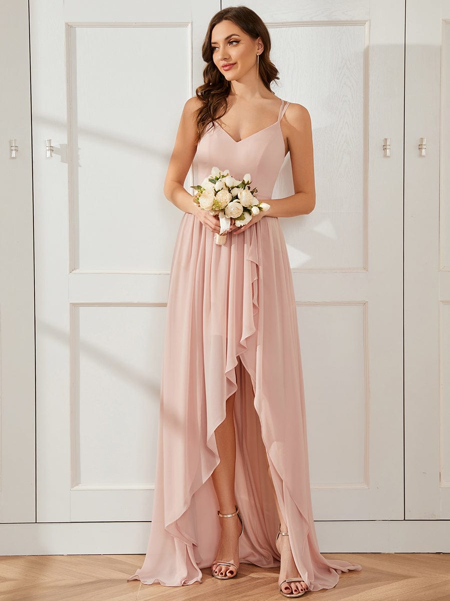 Chiffon Spaghetti Strap Ruffled Front Slit A-Line Bridesmaid Dress #Color_Pink