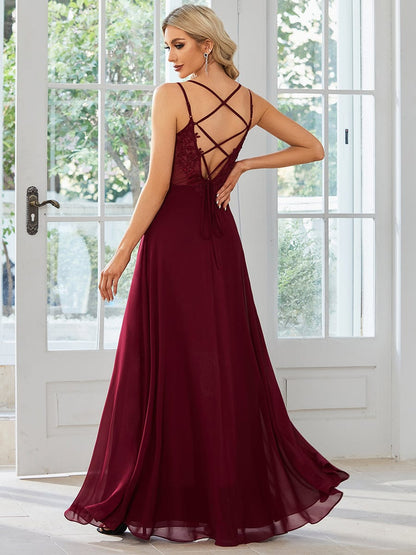 Chiffon and Lace Open Back Spaghetti Straps Bridesmaid Dress #color_Burgundy