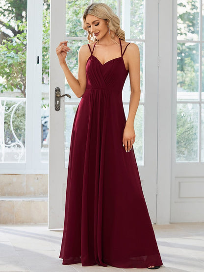 Chiffon and Lace Open Back Spaghetti Straps Bridesmaid Dress #color_Burgundy