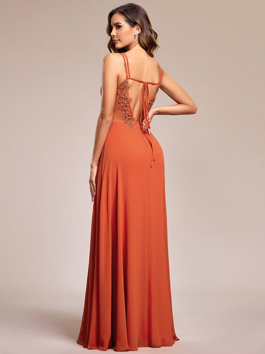 Chiffon and Lace Open Back Spaghetti Straps Bridesmaid Dress #color_Burnt Orange