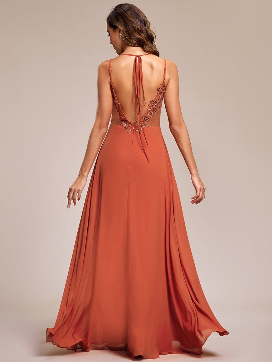 Chiffon and Lace Open Back Spaghetti Straps Bridesmaid Dress #color_Burnt Orange