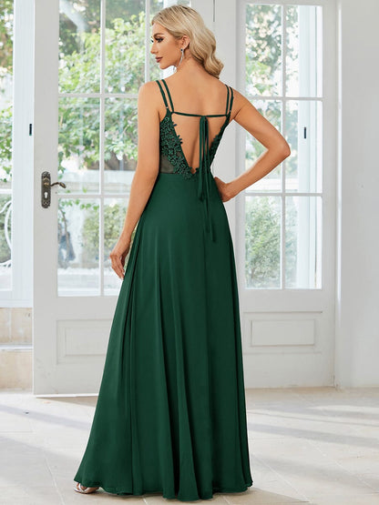 Chiffon and Lace Open Back Spaghetti Straps Bridesmaid Dress #color_Dark Green