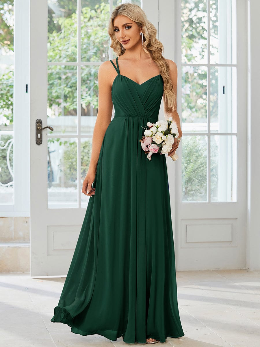 Chiffon and Lace Open Back Spaghetti Straps Bridesmaid Dress #color_Dark Green