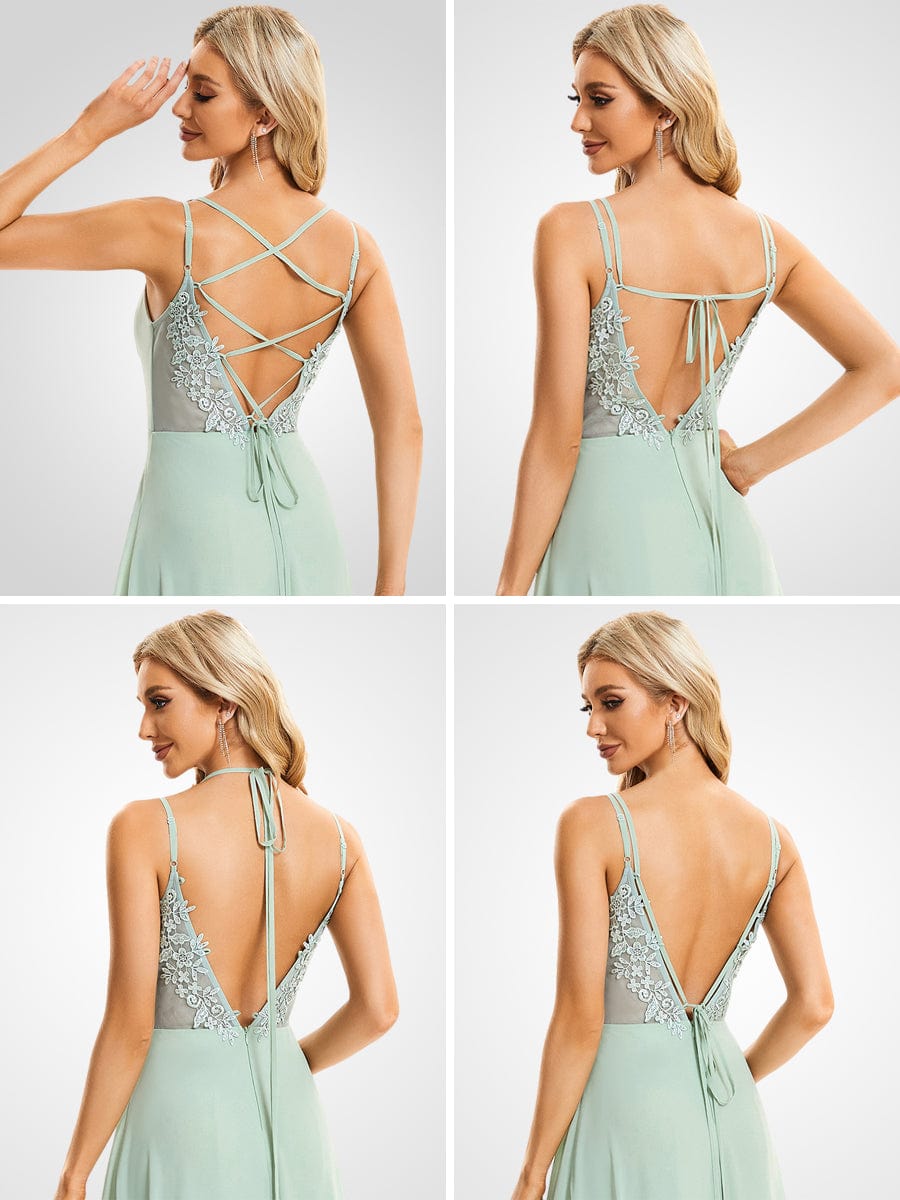 Chiffon and Lace Open Back Spaghetti Straps Bridesmaid Dress #color_Mint Green