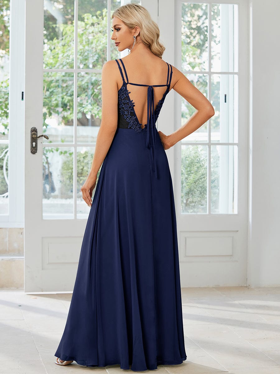 Chiffon and Lace Open Back Spaghetti Straps Bridesmaid Dress #color_Navy Blue