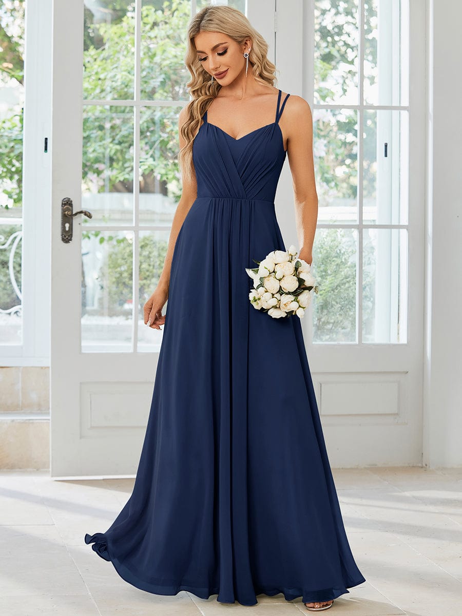 Chiffon and Lace Open Back Spaghetti Straps Bridesmaid Dress #color_Navy Blue