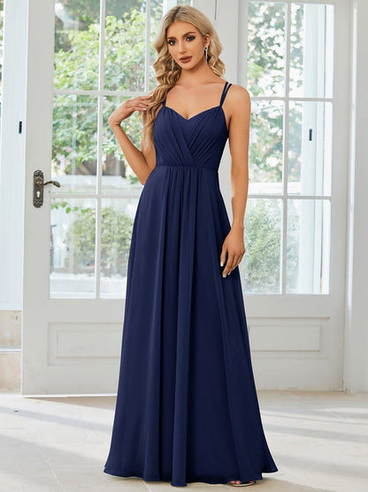 Chiffon and Lace Open Back Spaghetti Straps Bridesmaid Dress #color_Navy Blue